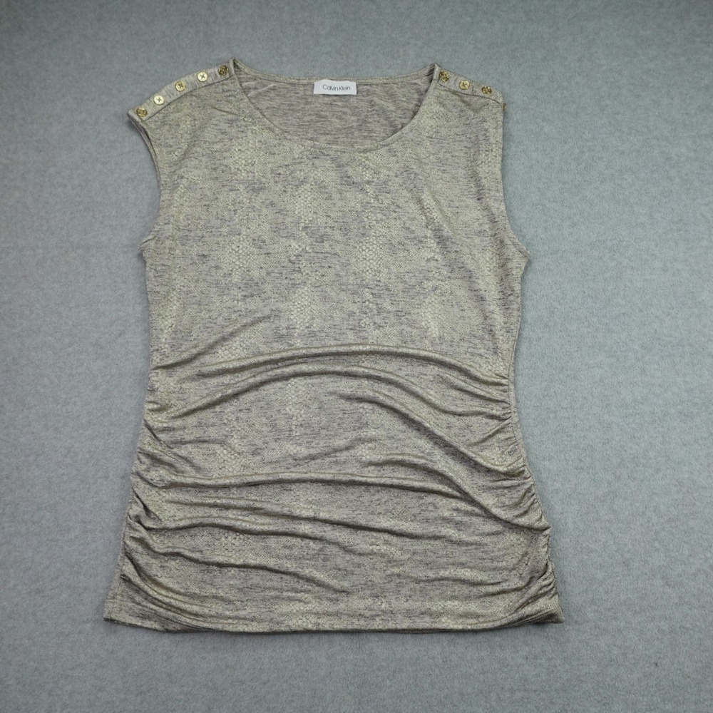 Calvin Klein Top Womens Medium Taupe Gold Snakeskin Ruched Sleeveless